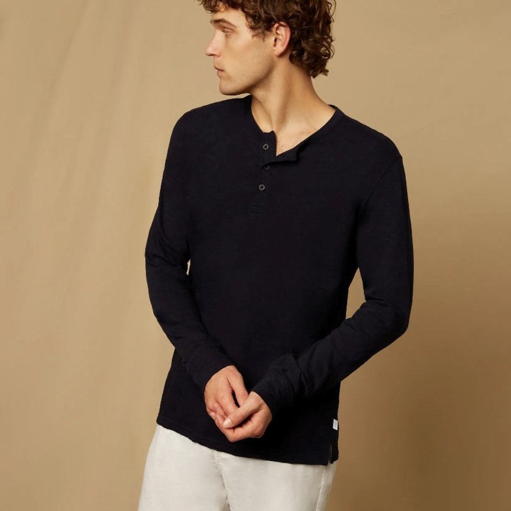 ONIA Henley Waffle Cotton Textured Knit Long Slv Deep Navy Polo Shirt Large NWT